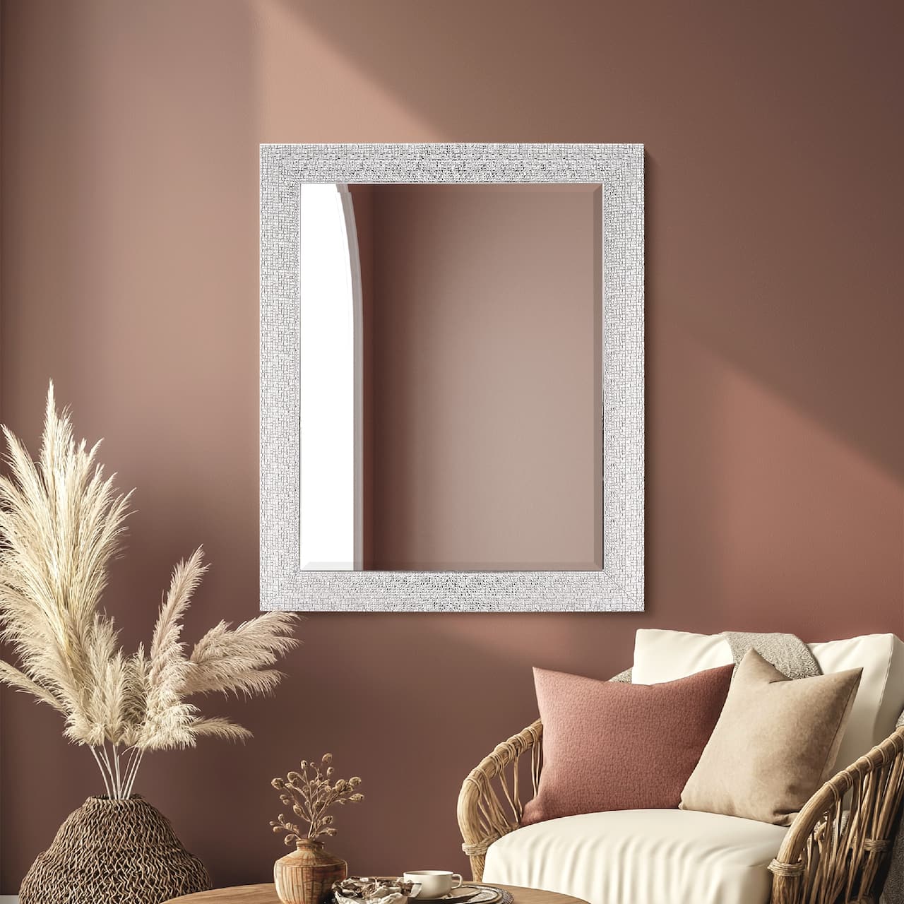 Head West Micro Square Tiled White & Chrome Beveled 27.5" x 33.5" Framed Accent Vanity Mirror